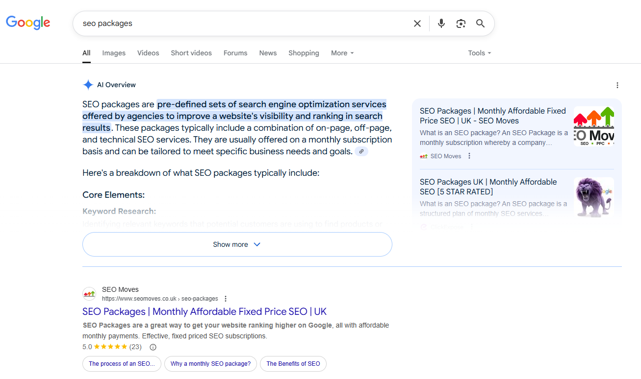 SEO ranking improvement screenshot - position 9 to position 1