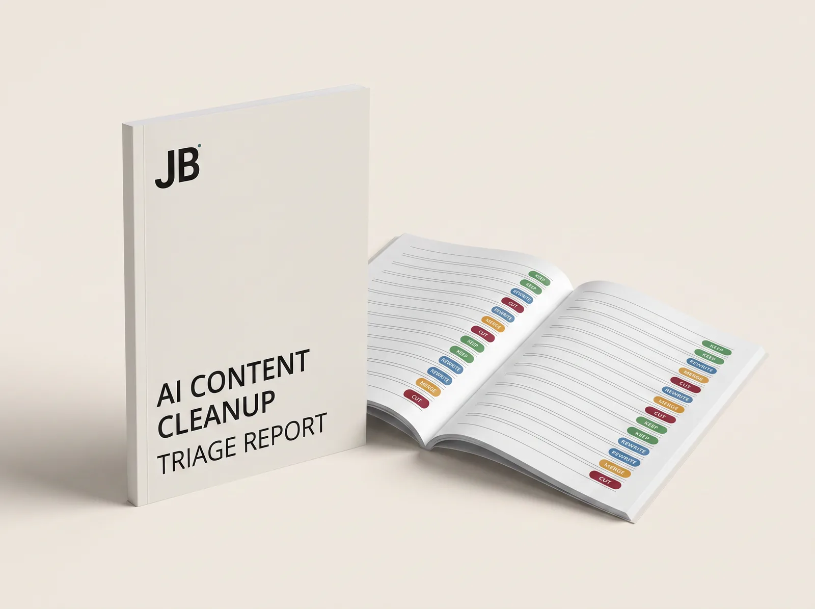 The AI Content Cleanup triage report, shown as a printed A4 document with a second copy open beside it, its pages listing verdicts of keep, rewrite, merge and cut.