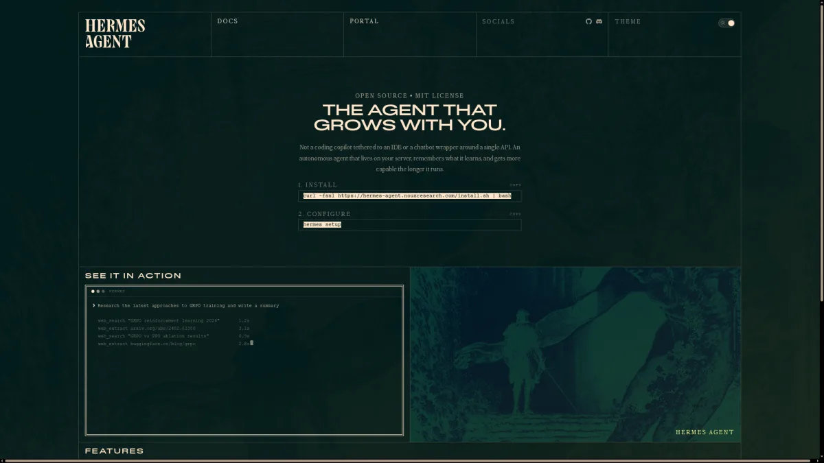 Hermes Agent landing page showing the agent's positioning and feature highlights