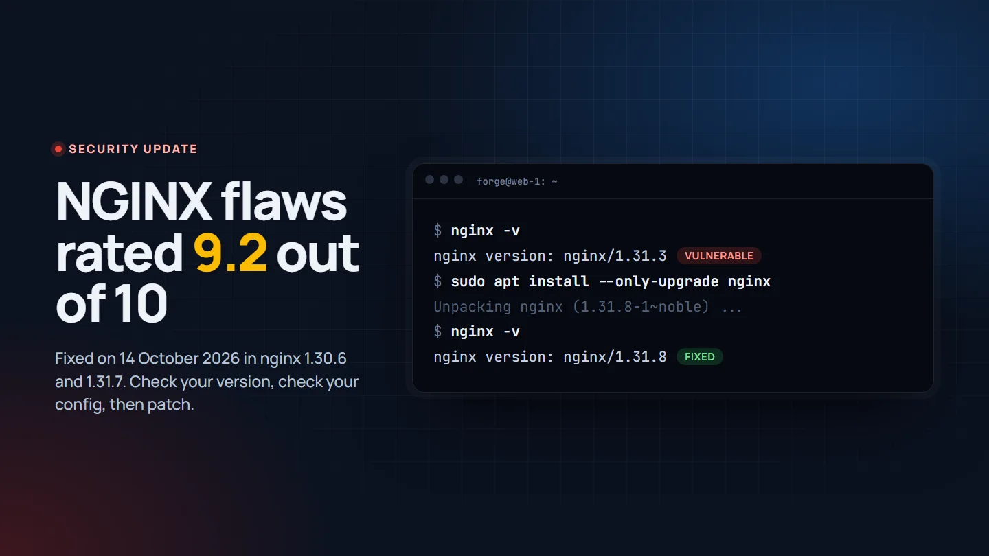 Illustration of a server terminal: nginx -v shows version 1.31.3 marked vulnerable, then an apt upgrade, then version 1.31.8 marked fixed