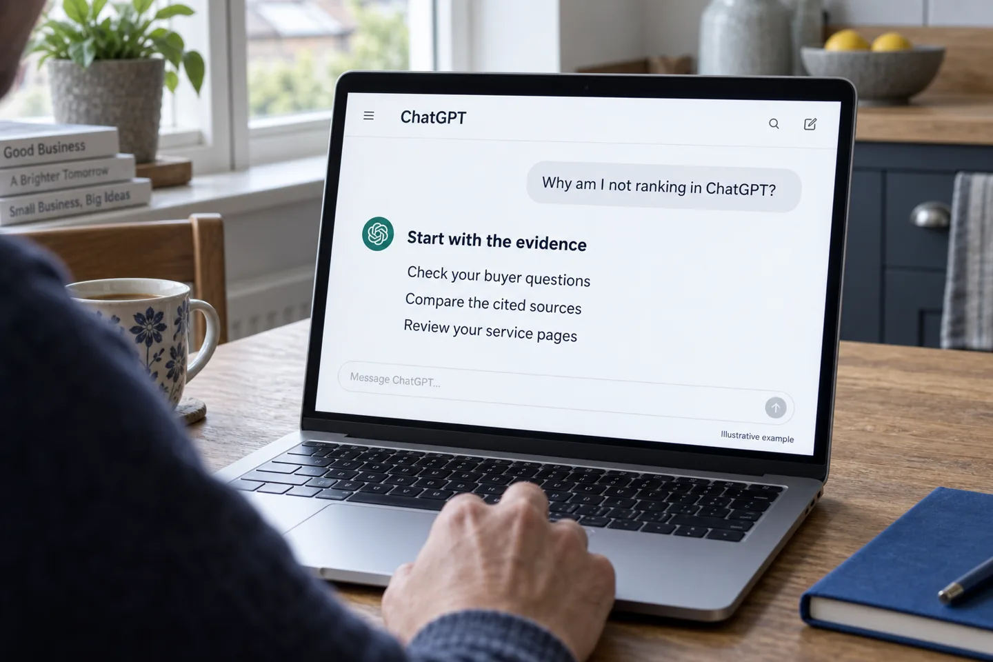 An illustrative ChatGPT conversation on a laptop asking why a business is not ranking, with suggestions to review questions, sources and service pages