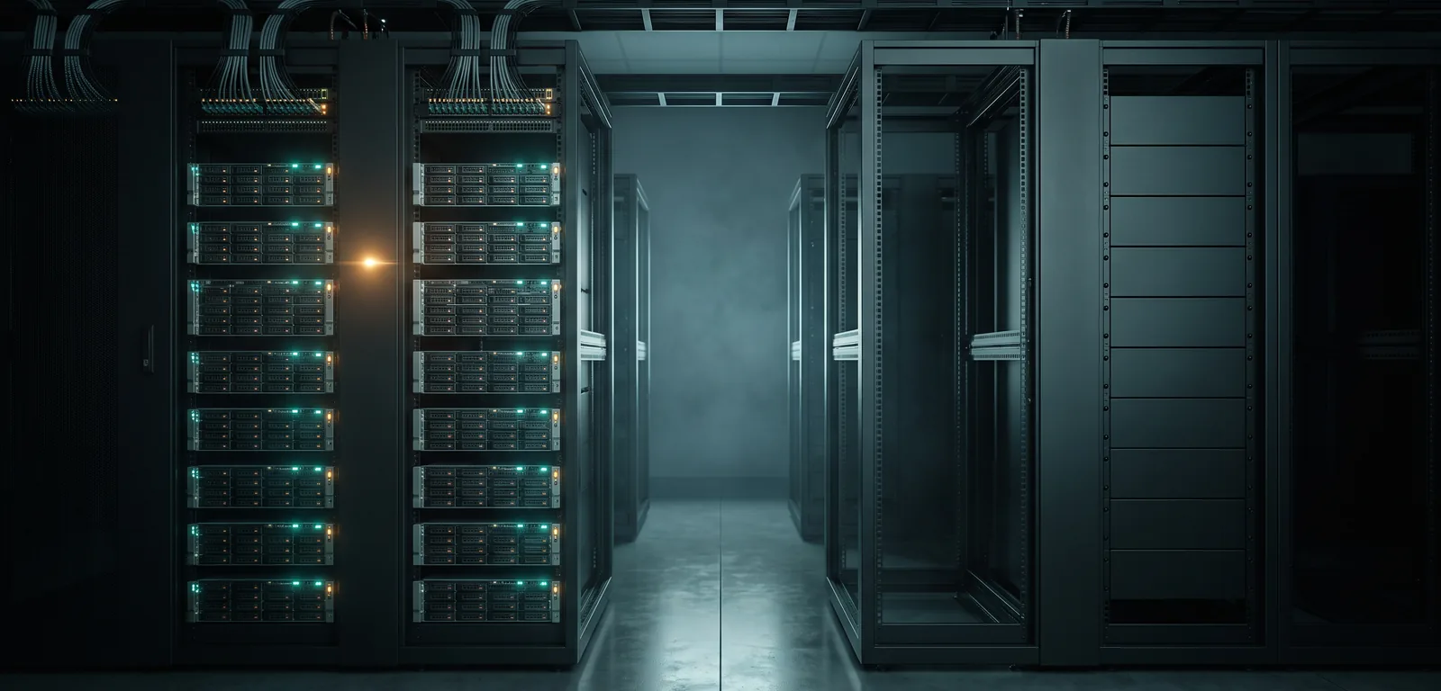 A data centre aisle with one rack fully populated and lit, and an identical rack opposite standing completely empty.
