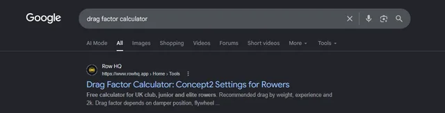 Google UK search results for drag factor calculator with Row HQ in first place