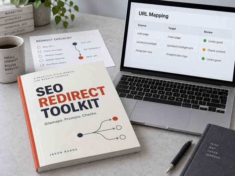 Illustrative SEO Redirect Toolkit manual beside a laptop showing a URL mapping table.