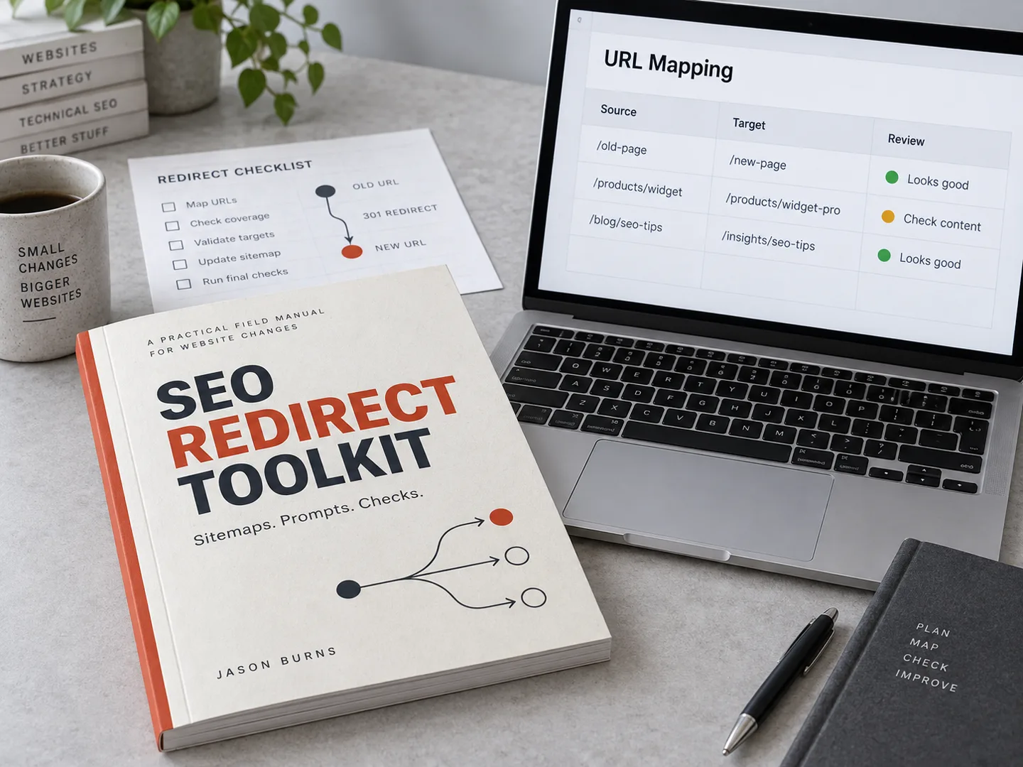 Illustrative SEO Redirect Toolkit manual beside a laptop showing a URL mapping table.