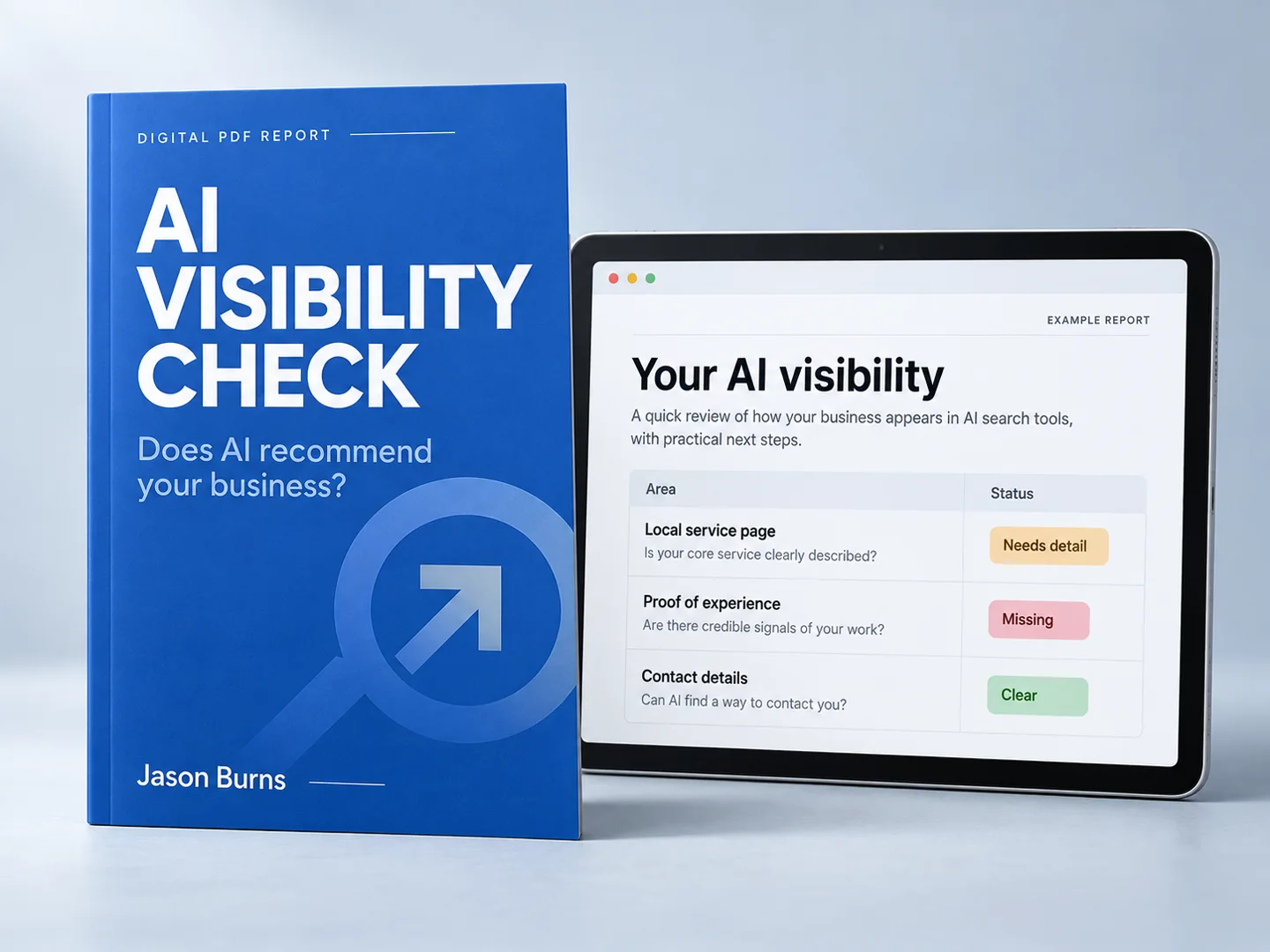 AI Visibility Check digital report cover beside a tablet showing example website findings.