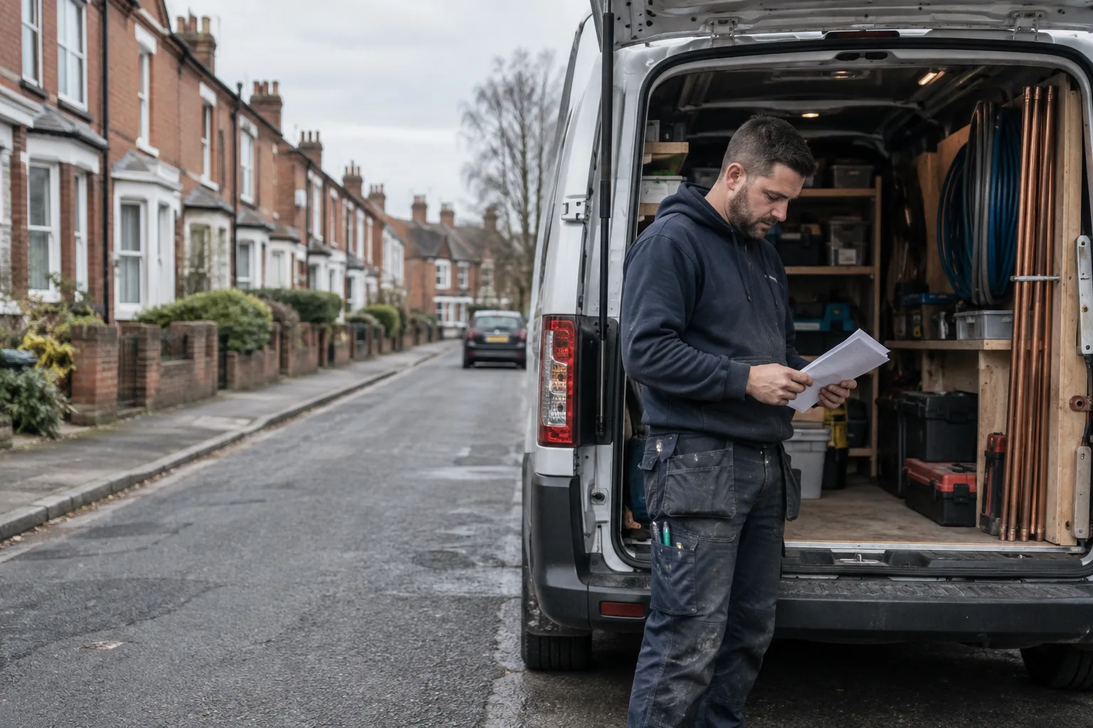 Illustration of a plumber beside a work van on a British residential street